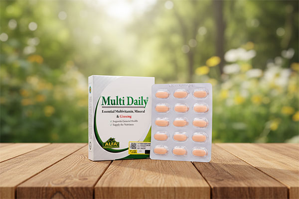 بسته‌بندی قرص مولتی دیلی آلفا ویتامینز 30 عددی روی میز چوبی