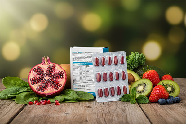 قرص درموسیس آنتی ایج ویواتیون در کنار میوهها و برگهای سبز