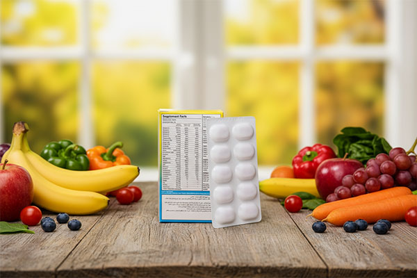 قرص مولتی دیلی سیمرغ دارو عطار با میوه‌ها و سبزیجات تازه