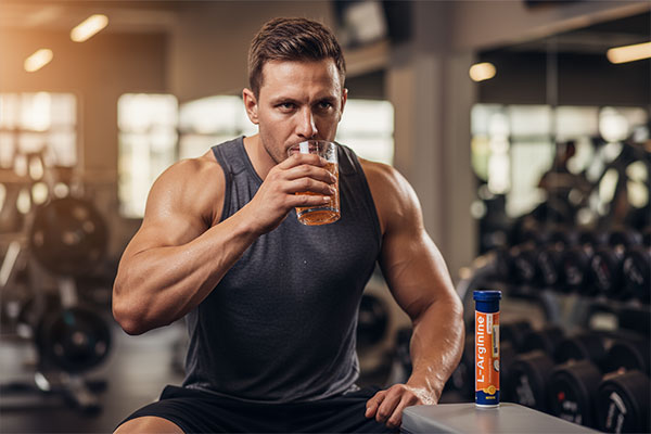 فرد ورزشکار در حال نوشیدن قرص جوشان ال آرژنین آریا دارو پس از تمرین