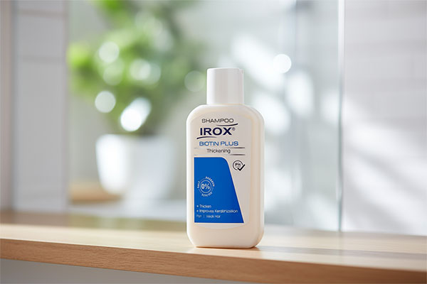 شامپو بیوتین پلاس ایروکس روی قفسه حمام