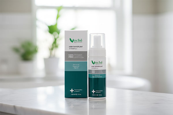 شامپو وچه برای موهای کاشته شده روی پیشخوان حمام