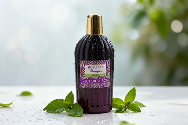 شامپو رومنس ویکتوریا رز با قطرات آب و برگ‌های سبز