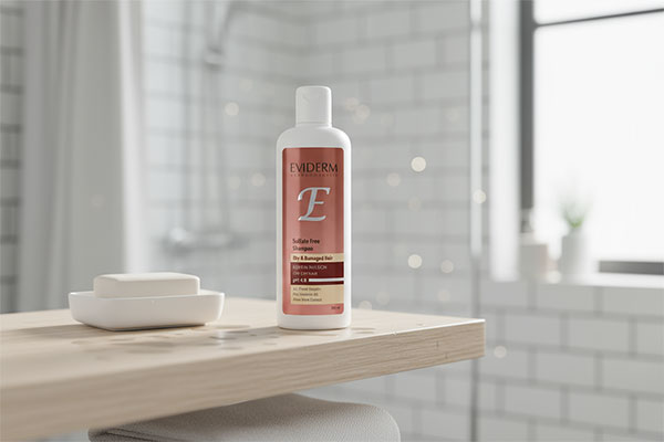 بطری شامپو کراتینه فاقد سولفات موی خشک اویدرم روی قفسه حمام