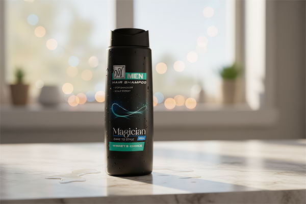 شامپو ضد شوره مردانه مجیشن مای روی پیشخوان حمام