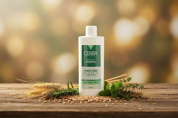 شامپو تقویت کننده جوانه گندم بدون سولفات سریتا روی سطح مرمر سفید