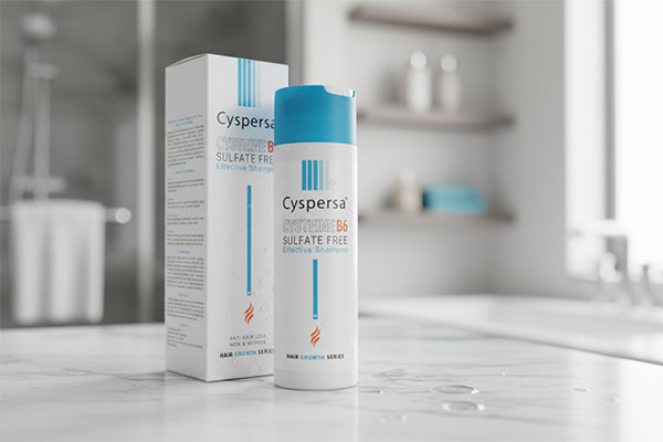 شامپو ضد ریزش بدون سولفات سیسپرسا روی پیشخوان حمام