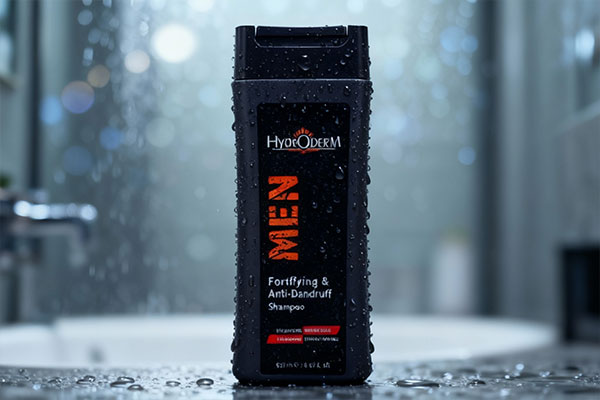 نمای نزدیک شامپو ضد شوره آقایان هیدرودرم با قطرات آب