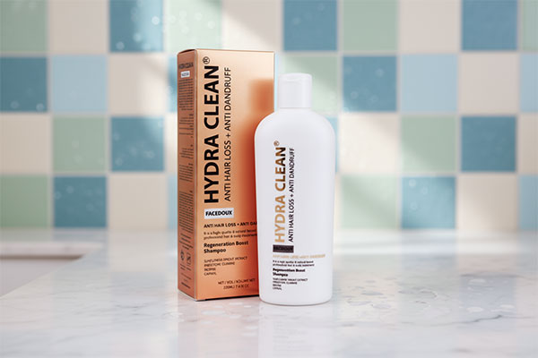 شامپو ضد ریزش و ضد شوره هیدراکلین فیس دوکس روی پیشخوان حمام