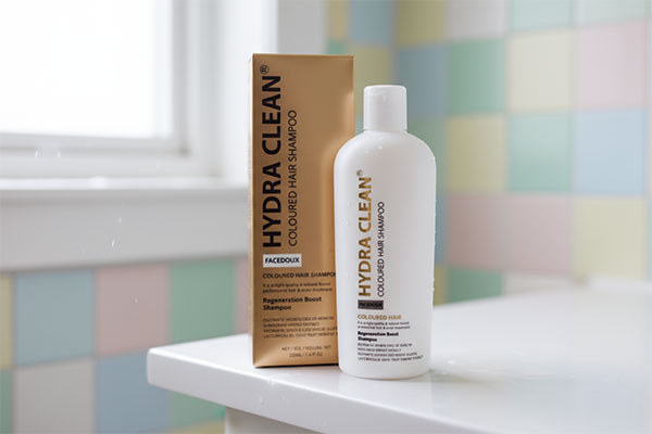 شامپو موی رنگ شده هیدراکلین فیس دوکس روی قفسه حمام