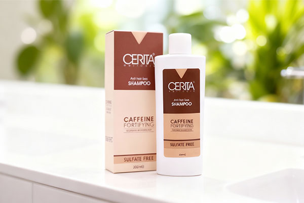 شامپو کافئین بدون سولفات موهای خشک سریتا روی پیشخوان حمام