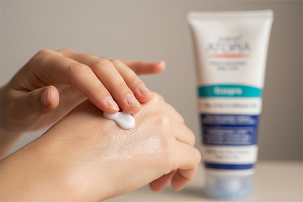 دست در حال استفاده از لوسیون بدن پوست خیلی خشک آتوپیا آردن برای رفع خشکی پوست