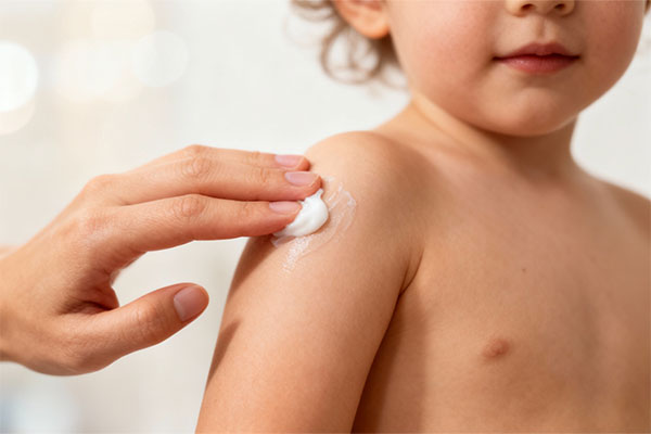 دست زدن لوسیون بدن بچه ایروکس به پوست کودک