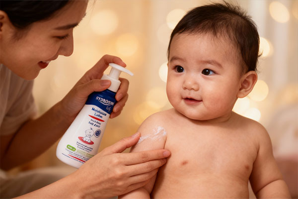مراقبت از پوست کودک با لوسیون بدن هیدرودرم توسط والدین