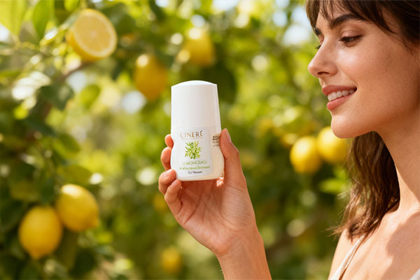 مام زنانه لیمو گراس سینره در دست بانو با پسزمینه باغ لیمو