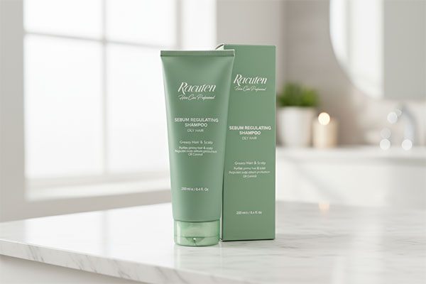 تصویر شامپو متعادل کننده چربی راکوتن روی پیشخوان حمام