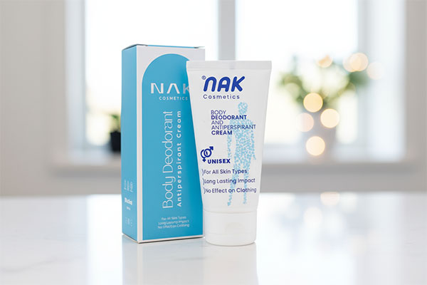 کرم ضد عرق بدن ناک روی پیشخوان حمام