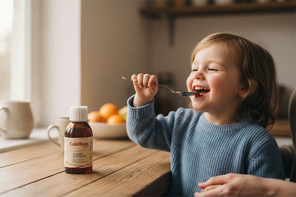 کودک در حال مصرف شربت کلسی شور ویتان برای تقویت استخوانها