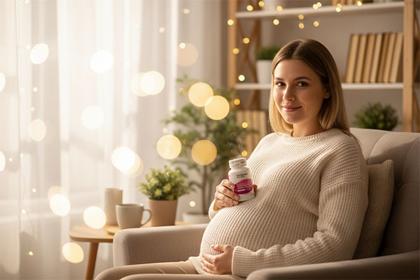 زن باردار با کپسول مولتی ویتامین و مینرال بارداری و شیردهی نیچرز پلنتی