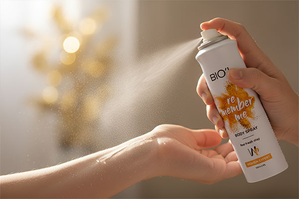 اسپری بدن زنانه ریممبر می بیول در حال استفاده روی مچ دست