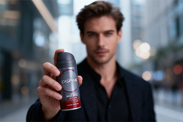 اسپری بدن مردانه جنتلمن کاسپین در دست یک مرد شیکپوش