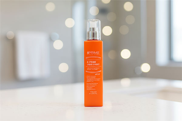 پن مایع ویتامین سی پریم روی پیشخوان حمام