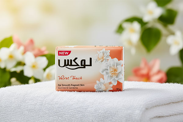 صابون گل یاس و گاردنیا لوکس روی حوله سفید با پس‌زمینه گل‌ها