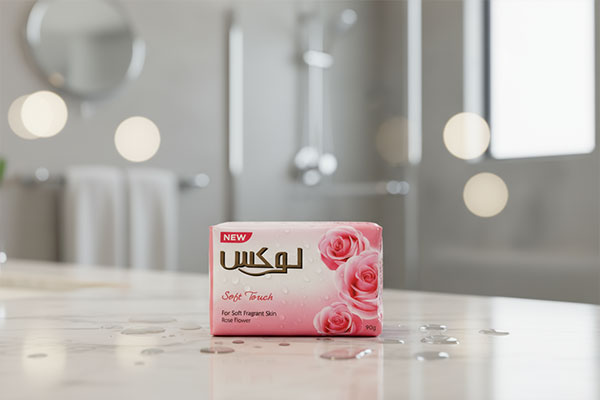 صابون صورتی لوکس در محیط حمام با قطرات آب