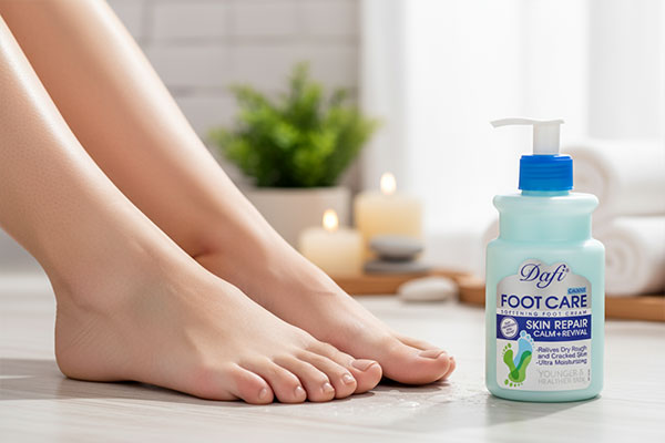 پوست نرم و لطیف پا پس از استفاده از کرم مرطوب‌کننده ترک پا دافی