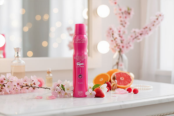 اسپری بدن زنانه لاگوست بادی کر روی میز آرایش