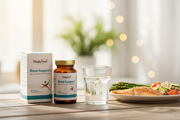 قرص بون ساپورت ویتالی تون کنار لیوان آب و غذا