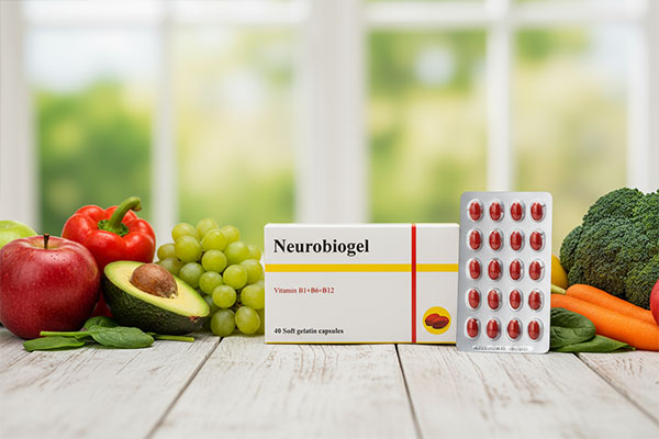 کپسول نوروبیوژل دانا در کنار مواد غذایی سالم