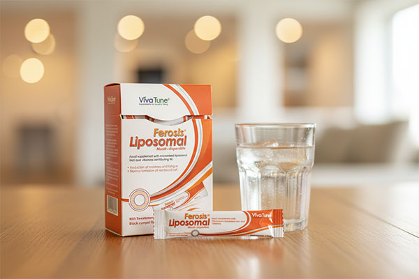 ساشه لیپوزومال آهن فروسیس کنار لیوان آب