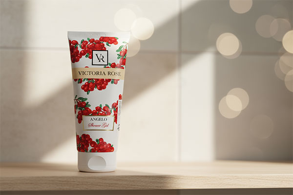 ژل شستشوی بدن آنجلو ویکتوریا رز روی قفسه حمام