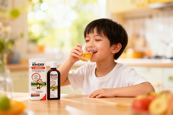 کودک در حال نوشیدن شربت ال آرژنین پلاس کیندر