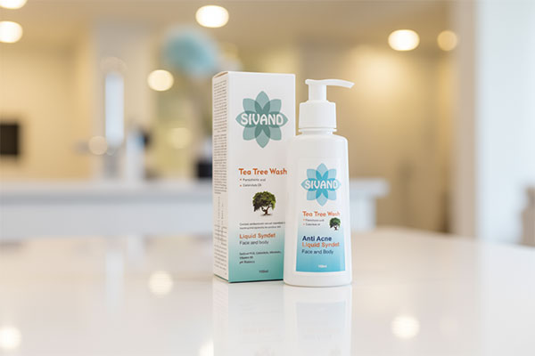 تصویر پن مایع ضد جوش تی تری سیوند روی پیشخوان حمام