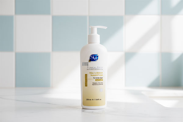 تصویر پن مایع ضد باکتری و ضد قارچ اس وی آی روی پیشخوان حمام