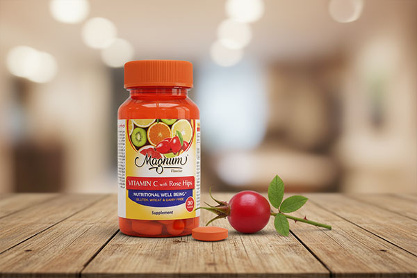 قرص ویتامین سی رزهیپ مگنوم ویتامینز کنار میوه رزهیپ