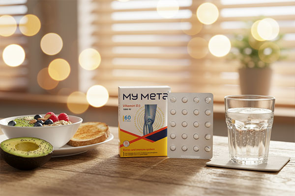 قرص ویتامین D3 1000 مای متا کنار صبحانه سالم