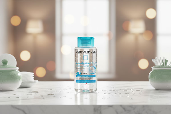 محلول پاک کننده آرایش پوست نرمال تا خشک آکواتیپیک درماتیپیک روی پیشخوان حمام