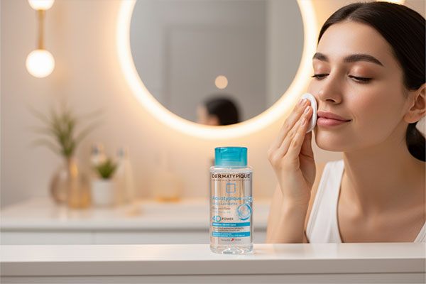 استفاده از محلول پاک کننده آرایش پوست نرمال تا خشک آکواتیپیک درماتیپیک با پد پنبهای