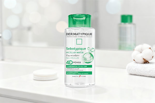 محلول میسلار واتر پوست چرب سبوتیپیک درماتیپیک روی میز حمام