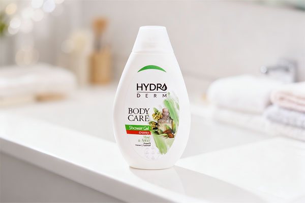 شامپو بدن کرمی مشک و عنبر هیدرودرم روی پیشخوان حمام