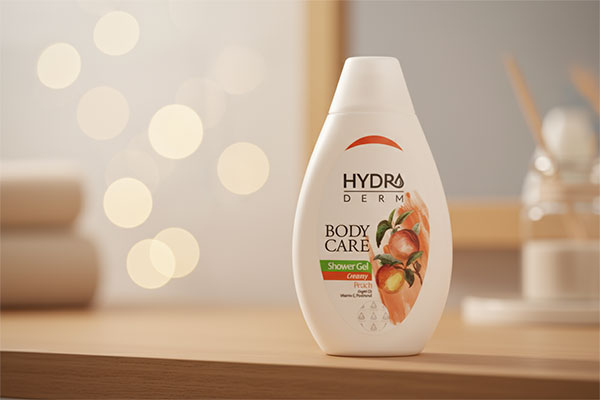 شامپو بدن کرمی هلو هیدرودرم روی قفسه حمام