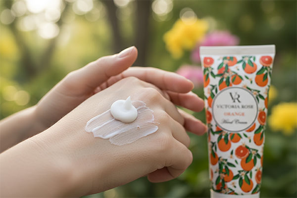 دست در حال استفاده از کرم دست پرتقال ویکتوریا رز