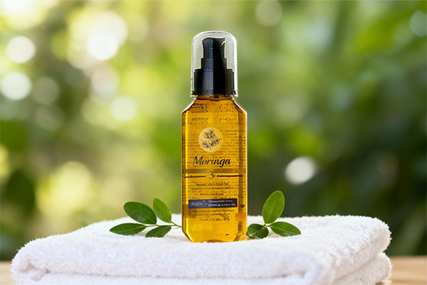 روغن مراقبت از پوست 3 مورینگا روی حوله سفید با برگ‌های سبز