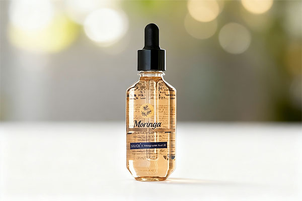 بطری سرم مراقبت از صورت مورینگا روی سطح سفید