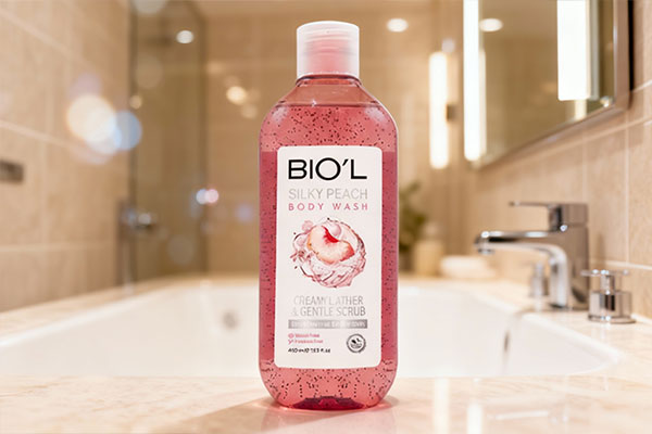 شامپو بدن ژلی سیلکی پیچ بیول روی پیشخوان حمام