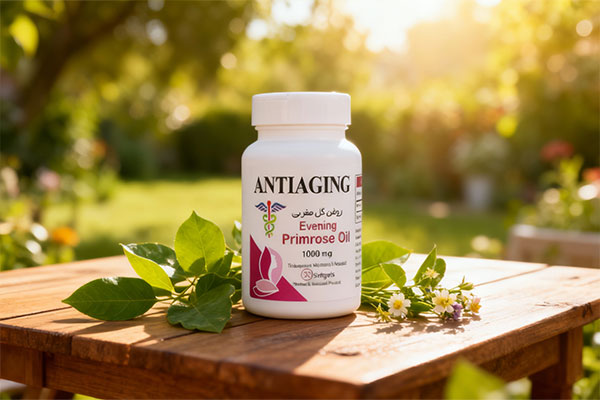 کپسول ایونینگ پریم رز اویل در کنار عناصر طبیعی