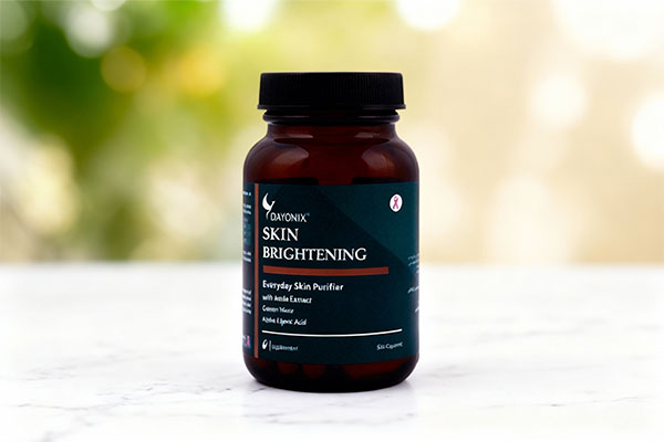 تصویر کپسول دایونیکس اسکین برایتنینگ فارما روی سطح مرمر سفید